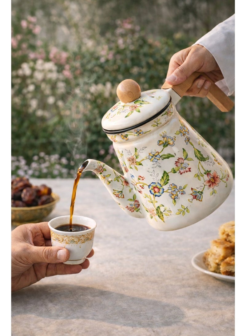 غوغا ابريق قهوه عربي مطلي بالمينا سعة 1.2 لتر، براد شاي بنقشة زهور، مناسب للقهوة العربية والشاي وغلي الماء والحليب - Image 1